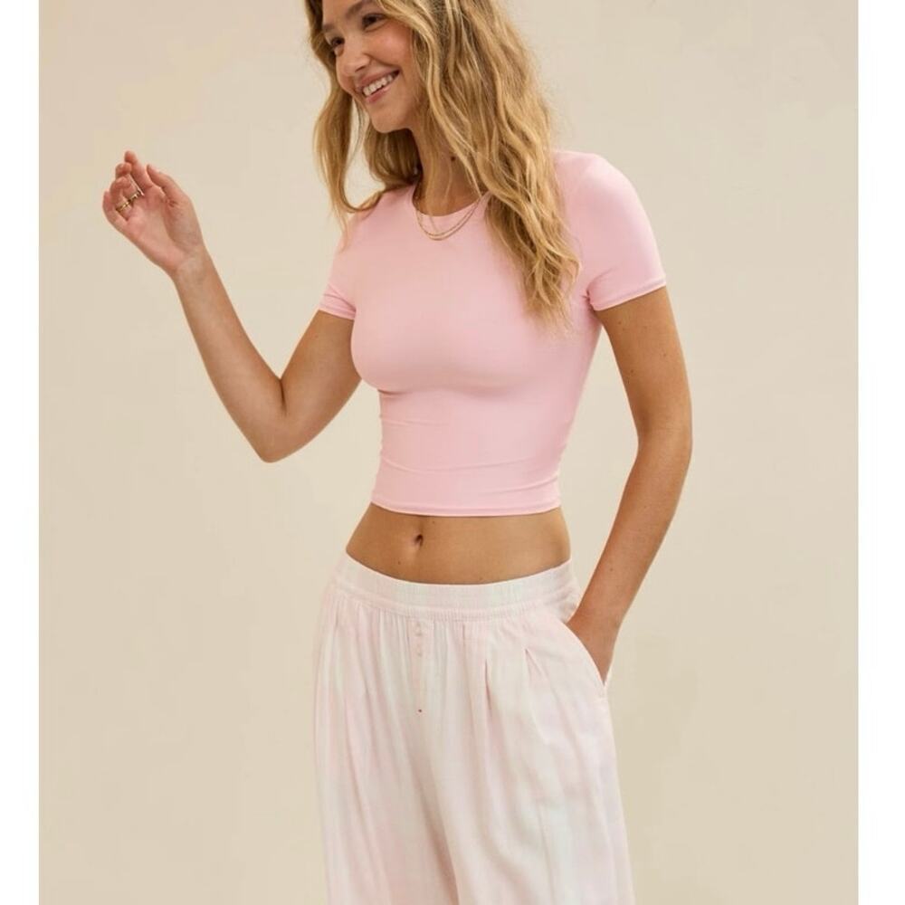 Aerie Real Soft Ribbed Crewneck T-Shirt Blush Pink Short Sleeve Tee Size Small